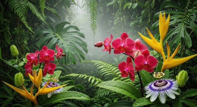 Tropical jungle with colorful exotic flowers.