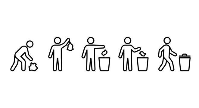 Stick figure picking up litter and throwing trash into bin line art vector icon set. Garbage disposal, keep clean, environmental care, and recycling concept.
