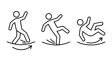 Naklejka premium Stick figure slipping and falling line art vector icon set. Slip and trip accident, losing balance, wet floor warning, and safety concept.