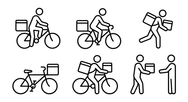 Bicycle courier delivery service and package handout stick figure line art vector icon set. Bike shipping sequence, eco friendly courier, and last mile logistics concept.