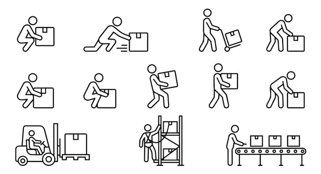 Warehouse logistics and material handling stick figure line art vector icon set. Courier lifting box, forklift, storage rack, and factory conveyor belt concept.