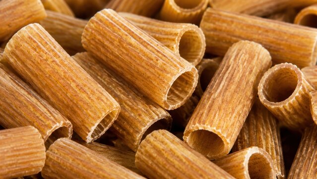 Closeup rigatoni pasta pile showing textured wheat surface