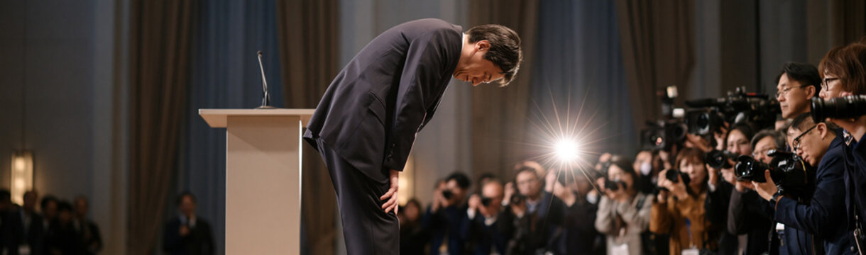 Respectful Gesture: A person in a suit bows deeply before a crowd of journalists and photographers, acknowledging a moment of importance or gratitude.
