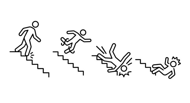 Stick figure falling down stairs line art vector icon set. Trip and slip accident, losing balance on steps, head injury, and workplace safety concept.