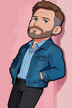 Chibi style adult male portrait leaning against pink wall
