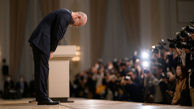 Respectful Bow at Podium: A well-dressed man bows deeply at a podium in front of a crowd of journalists, conveying humility and respect amidst flashing cameras and bright lights.