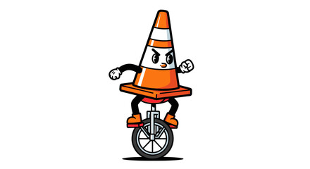 Funny traffic cone character riding a unicycle with cartoon arms and legs © mak