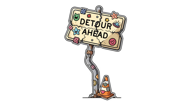 Detour Ahead Sign with Cute Stickers and Traffic Cone