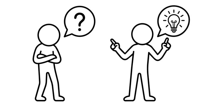 Problem and solution stick figure line art vector icon set. Confused person with question mark changing to creative idea with lightbulb concept.