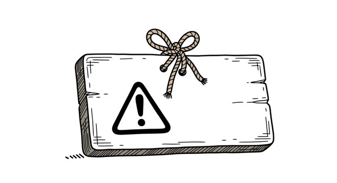 Hand-drawn wooden sign with warning symbol and rope