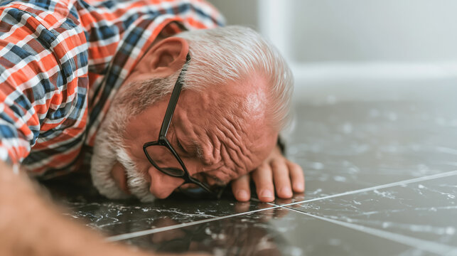 elderly man fall senior accident home floor unconscious person emergency help health risk retirement age safety issue fall injury crisis scene