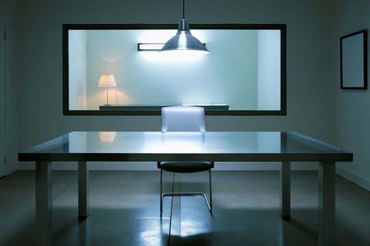 Interrogation room one way mirror metal table chair lamp empty interior