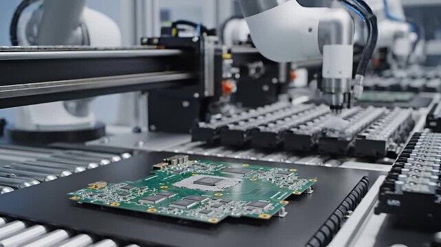 Automated Robotic Arm Assembling Electronic Circuit Board in Factory Production Line.