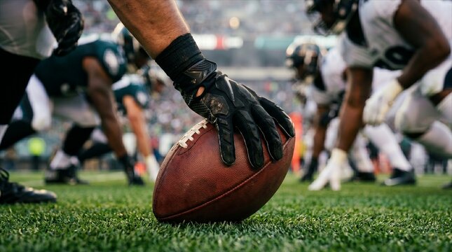 A close-up of an American football being held by a player's gloved hand on the vibrant green field - ideal for sports marketing, game day promotions, editorial content, and competitive athletic themes