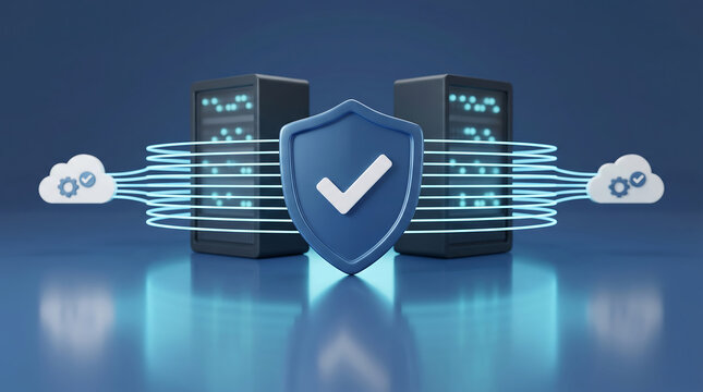 A 3D digital illustration of secure server racks protected by a blue shield checkmark and glowing cloud data connections representing network hosting cybersecurity and database defense