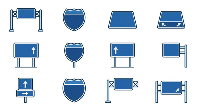 Blue road signs and traffic symbols.