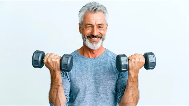 Senior man workout dumbbell fitness strength exercise gym active happy smiling lifting weight indoors healthy lifestyle motivation confident