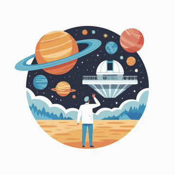Astronaut looking at spaceship and planets in space circular illustrat
