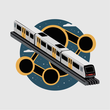 Modern illustration of a monorail train on a track with abstract celes