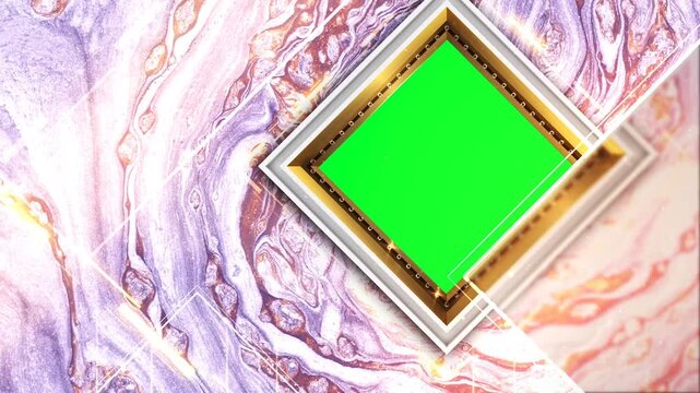 Ornate Golden Square Picture Frame with Chroma Key Green Screen Mask Moving Across Sparkly Lavender Fluid Marbled Ink Motion Graphics