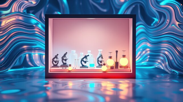 Laboratory setup inside display case. Colorful wavy background creates surreal scene. Bright lights illuminate equipment, flasks, reflections.