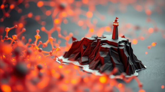 Miniature lighthouse atop rocky island. Red glowing network surrounds structure. Dark background emphasizes vibrant colors, creating surreal scene.