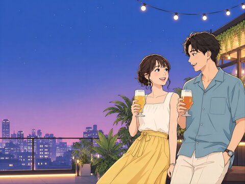 夜景のルーフトップテラスで乾杯するカップルのロマンチックなデートイラスト｜都会 星空 ビール 夏