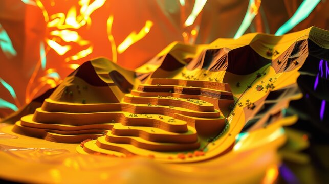 Abstract landscape model glows warmly. Terraced fields descend toward viewer. Dramatic lighting creates strong shadows, vibrant colors.