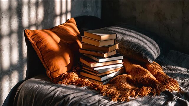 Cozy bedroom corner with pillow, blanket, book stack and sunlight on rustic wall, warm quiet reading nook on unmade bed for rest and study