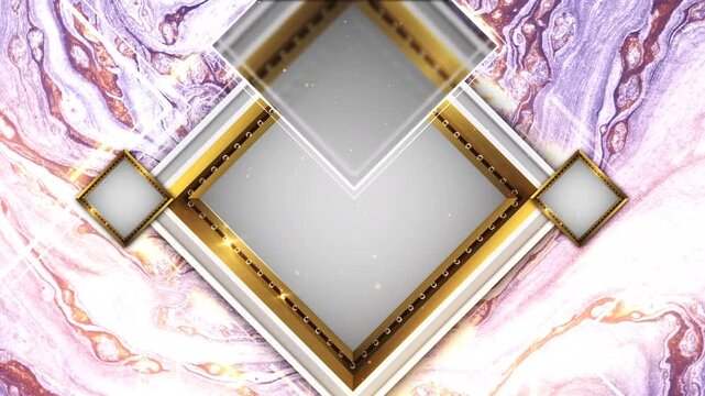 Luxury Gold Diamond Frame with Chroma Key Green Screen over Elegant Purple Marble Fluid Paint Motion Background