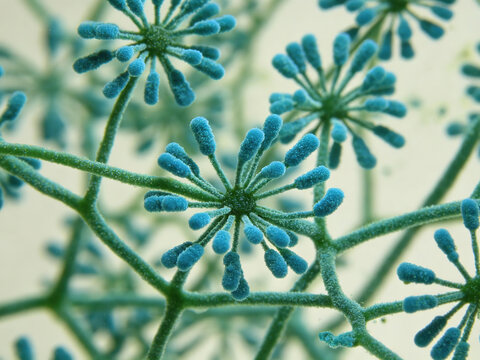 LPCB-stained optical micrographs show the conidiophores of Penicillium chrysogenum, characterized by brush-like conidia and blue-green staining of the hyphae.