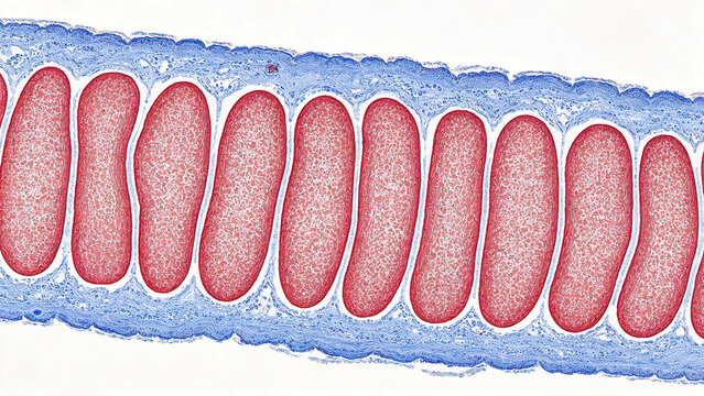 Longitudinal sections of human smooth muscle stained with Masson's trichrome staining method show characteristic spindle-shaped cells, red cytoplasm, and blue connective tissue.