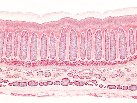 Human epidermis H&E stained cross section, showing basal cells, characteristic columnar basal cells on the basement membrane, natural epidermal layering structure, and real skin tissue specimen.