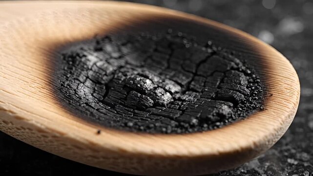 Close up of burnt charcoal on a wooden spoon macro shot.