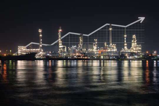 Industrial complex in Bangkok, Thailand, upward-trending financial chart. Represents economic progress, rising energy fuel prices, increasing production capacity, growth within oil gas sector.