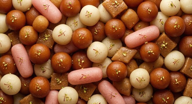 Assortment of Indian sweets including round brown gulab jamun white rasgulla and pink oblong barfi garnished with saffron and pistachios