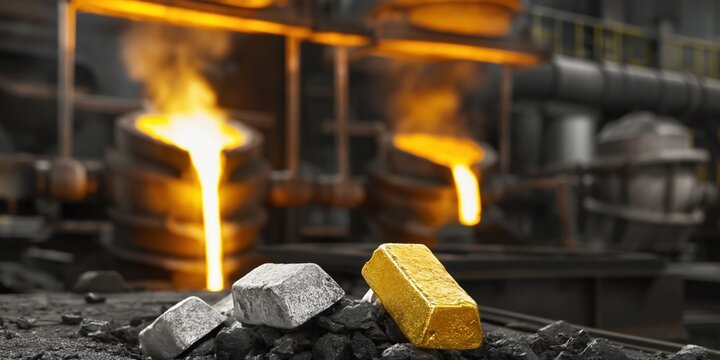 Precious metal refining process with molten gold and ingots in a foundry setting