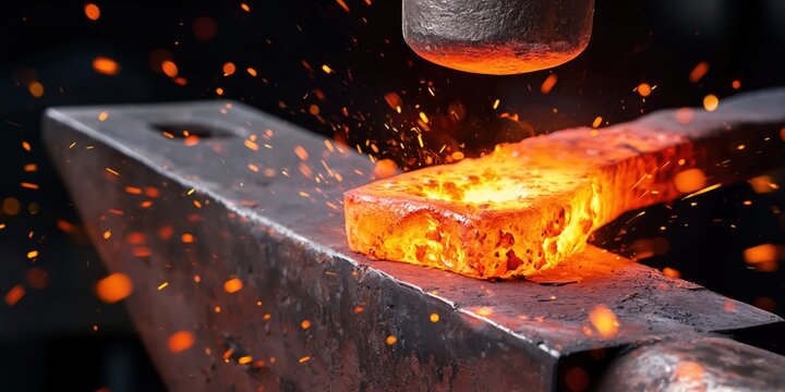 Hot forged steel glowing intensely as it's shaped on a heavy anvil with sparks flying