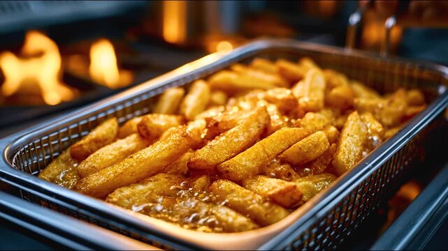 French fry deep fryer with hot oil in commercial kitchen, golden potato snack in stainless steel basket, sizzling comfort food scene