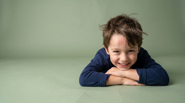 Happy Young Boy Lying on Stomach Resting Chin on Hands on Green Background