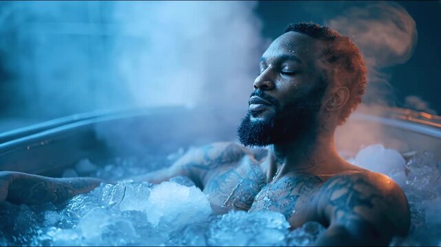 Ice bath cold water steam for man with tattoo, muscle recovery and relaxation wellness therapy, calm athlete breathing in icy tub