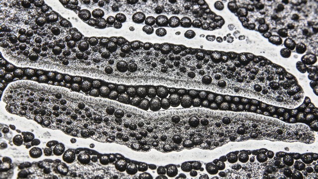 Transmission electron micrograph of the rough endoplasmic reticulum of pancreatic cells, showing characteristic ribosomes on the membrane, flattened sac-like structures, and osmium tetroxide staining.