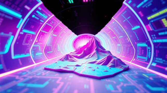 Futuristic tunnel with glowing circuitry. Central platform displays distorted sphere, vibrant purple hues dominate scene. Digital landscape.