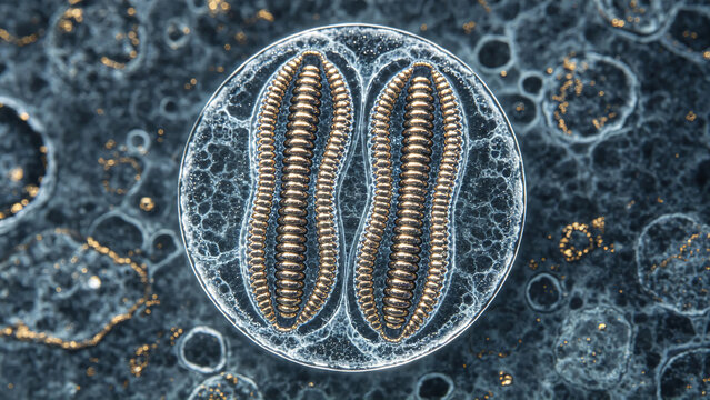 Transmission electron microscopy (TEM) images of centrioles during animal cell division show characteristic 9+0 microtubule triads arranged vertically, stained with natural osmium tetroxide.