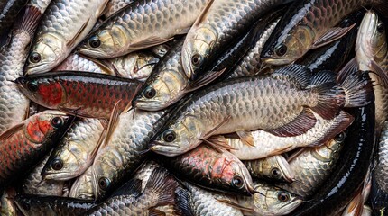 Obraz premium Close up overhead view of a pile of freshly caught silver and dark scaled fish with red accents and visible fins and eyes