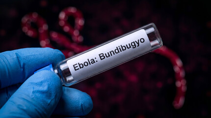 Obraz premium Gloved hand holding Ebola Bundibugyo virus sample vial against dark red background