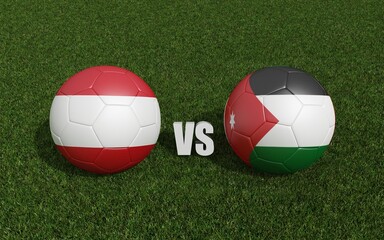 Fototapeta premium Footballs in flags colors on grass , Austria with Jordan. World Cup football championship 2026 .3d rendering