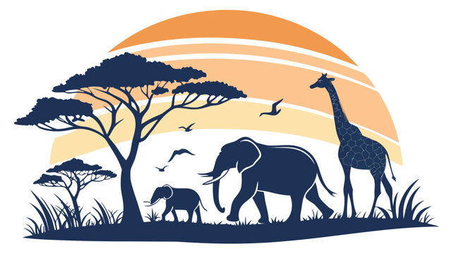 Vector illustration of african savanna wildlife including elephant and giraffe at sunset with elephant