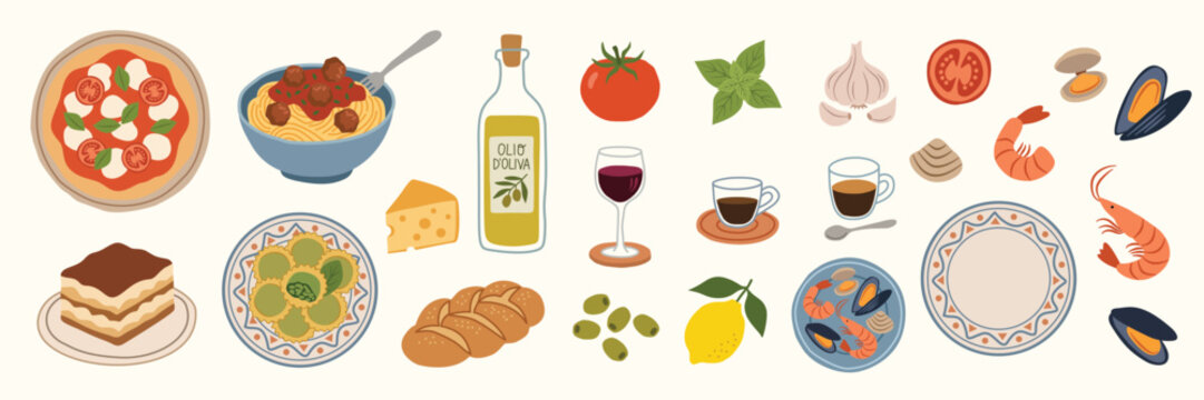 Hand drawn Italian summer vacation and Italy food set. Mediterranean lunch and dinner illustration. Lemons, pasta, ravioli, tiramisu, spaghetti meatballs, tomato, pizza, lobster, drink. Dolce vita