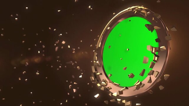 Luxurious 3D Golden Portal Disintegrating in Slow Motion with Floating Shrapnel Particles and Circular Green Screen Alpha Windows Overlay